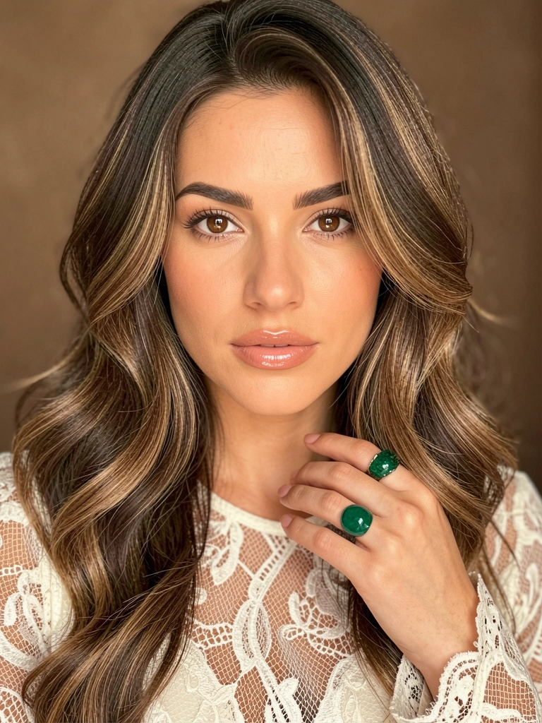 Mulher com cabelo castanho ondulado e blusa de renda off-white, anel verde-esmeralda, iluminação suave e fundo neutro desfocado.