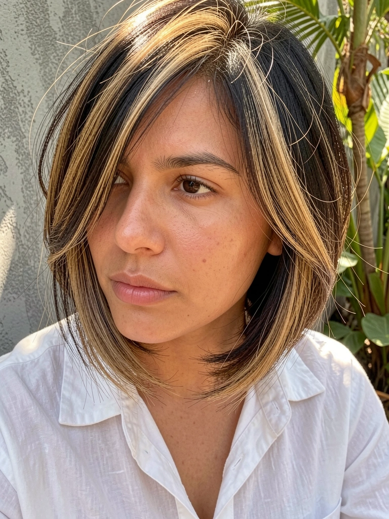 Close-up de mulher com cabelo castanho e mechas loiras em bob angulado, texturizado e levemente bagunçado, camisa branca amassada, luz natural difusa e fundo de parede cinza texturizada.