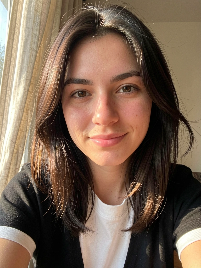 Jovem de cabelo castanho escuro com luzes, camiseta preta e branca, pele com textura detalhada, luz natural suave, cortina ao fundo com brisa.