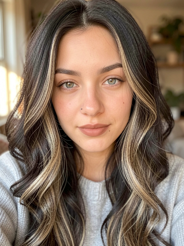 Close-up de jovem com cabelos escuros ondulados, mechas loiras, suéter cinza claro, olhos claros e piercing no nariz, luz natural difusa e fundo desfocado.