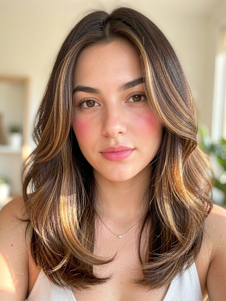 Mulher de cabelo castanho escuro com mechas caramelo, pele radiante e colar de prata, luz natural e fundo desfocado.