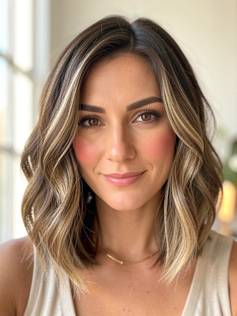 Mulher com cabelo castanho ondulado em corte bob, mechas loiras, colar de ouro, sorriso suave, fundo desfocado com luz natural.