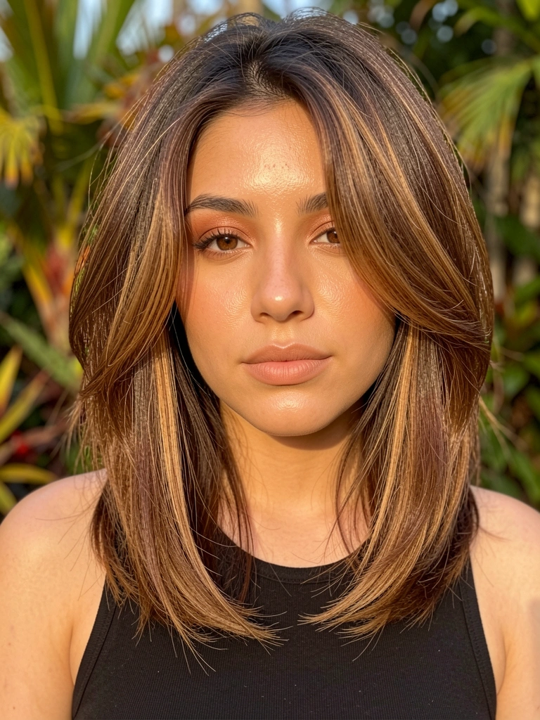 Close-up de mulher com cabelo castanho em camadas, balayage caramelo, ondas soltas, pele com brilho natural, olhos com catchlights, fundo desfocado de jardim tropical.