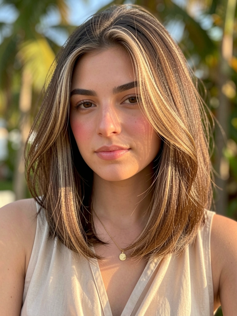 Mulher com cabelo castanho claro ondulado, colar de ouro e blusa clara, luz suave e fundo desfocado com folhagem.
