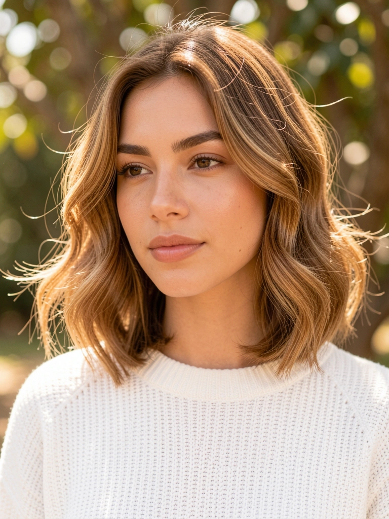 Jovem de cabelo castanho claro com ondas soltas e blusa de tricô branca, luz difusa e fundo desfocado com sol filtrado.