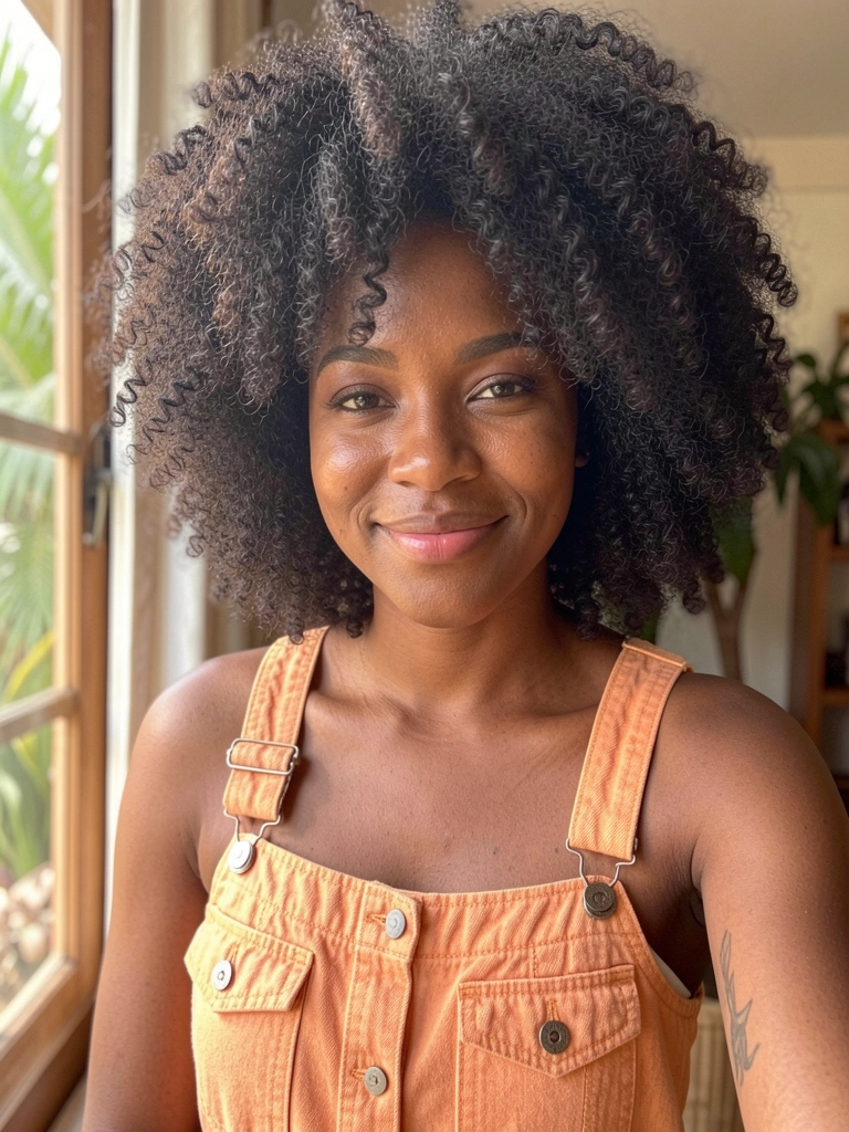 Laranja suave de macacão jeans contrasta com cabelo afro volumoso e pele negra iluminada por luz solar difusa.