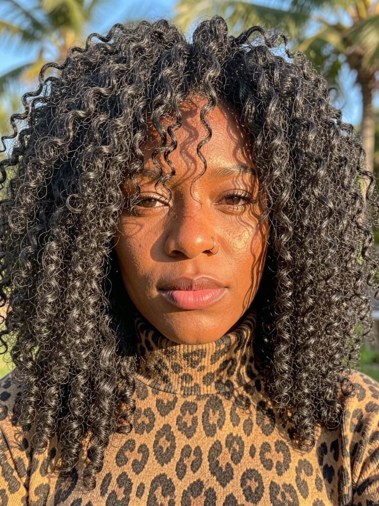 Retrato de mulher negra com cabelo crespo volumoso e blusa de gola alta de oncinha, luz natural suave e fundo desfocado.