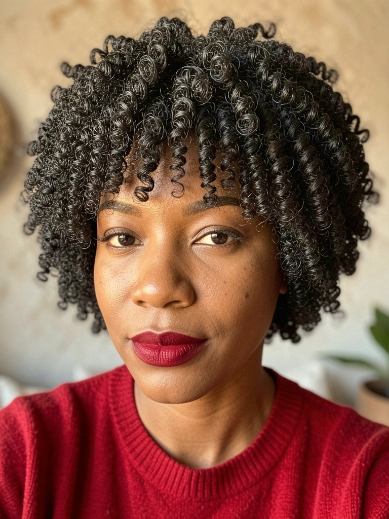 Mulher negra de cabelo crespo volumoso em corte curto, suéter vermelho e batom escuro, luz natural suave, fundo desfocado com parede texturizada.