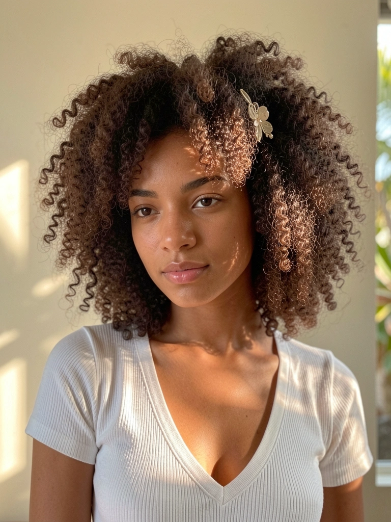 Jovem com cabelo afro crespo volumoso e acessório delicado, blusa branca canelada decote V, luz natural difusa e fundo desfocado claro.