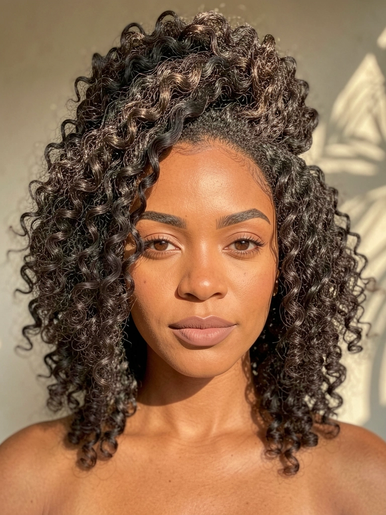 Mulher negra com cabelo afro volumoso em updo Chanel De Bico, pele quente, olhos castanhos, luz natural suave e fundo desfocado.
