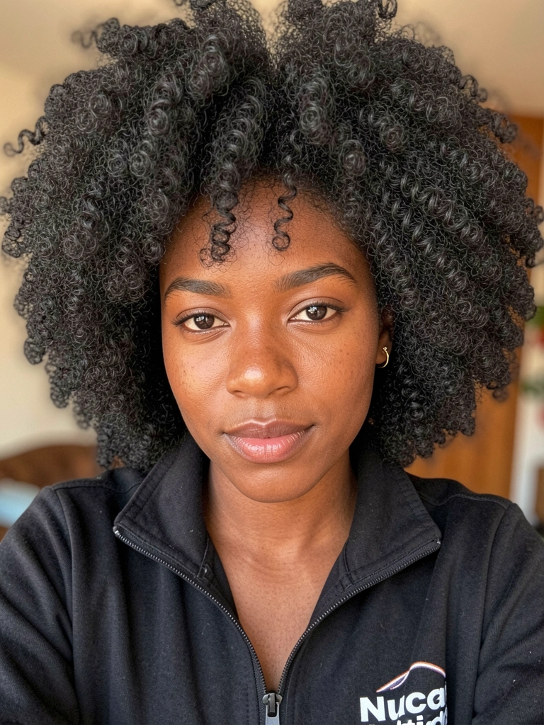 Jovem negra de cabelo afro volumoso, jaqueta preta com logo na manga, brinco de ouro, luz natural suave, fundo desfocado.