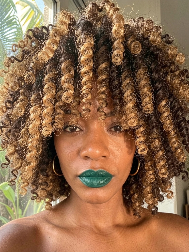 Close-up de uma mulher negra com cabelo afro volumoso em camadas de marrom escuro e caramelo, iluminado por luz natural difusa, com batom verde-esmeralda e brincos de argola dourados.