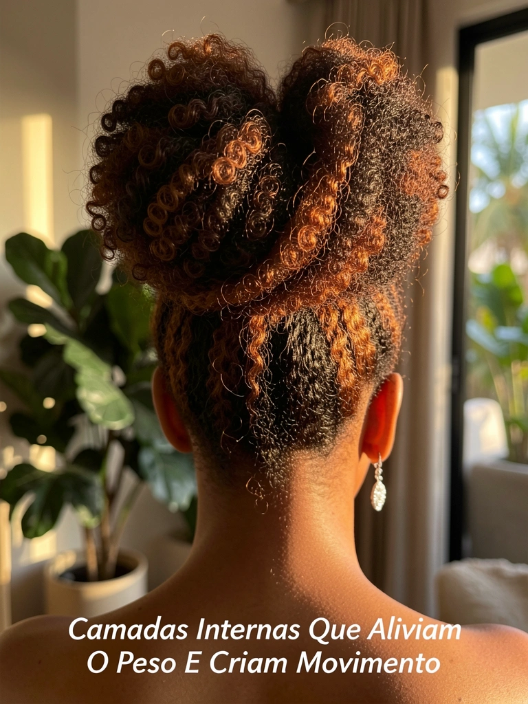 Cabelo afro em coque alto com formato de coração, brincos de argola e luz dourada ao fundo desfocado com planta.