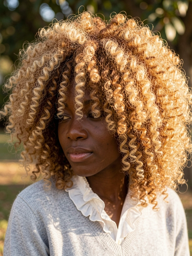 Close-up de mulher negra com afro volumoso em tons de caramelo, castanho e loiro, cachecol cinza claro e blusa branca rendada, luz suave e fundo desfocado.