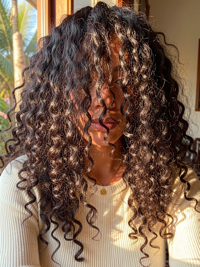 Mulher de cabelos cacheados escuros e volumosos, blusa de tricô creme, colar de ouro, luz natural com fundo desfocado.