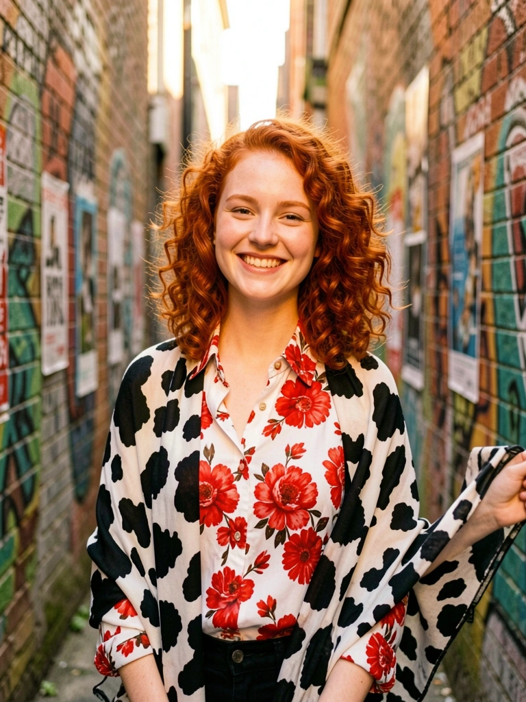 Jovem de cabelo ruivo cacheado e sorriso, camisa floral branca e vermelha com xale de estampa de vaca, em viela urbana com grafites e pôsteres, luz natural da tarde.