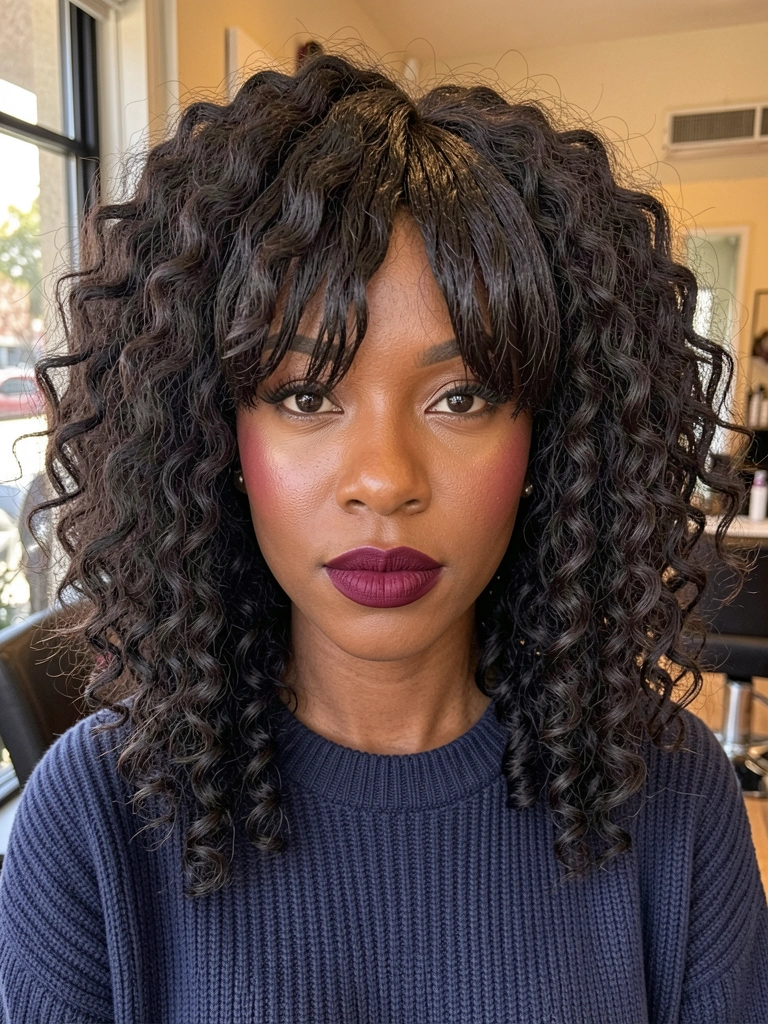 Mulher negra com cabelo cacheado volumoso e franja em camadas, suéter azul marinho, maquiagem natural com batom berry, luz suave e difusa.