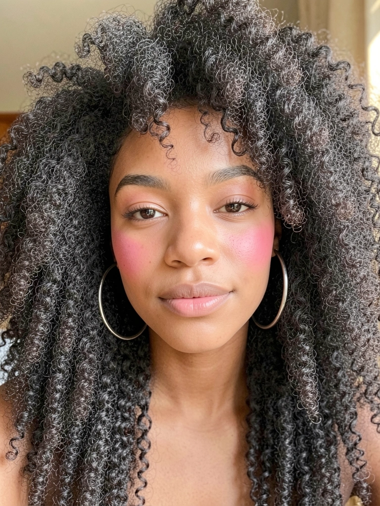 Jovem negra de cabelo afro volumoso, brincos grandes de prata e expressão confiante, iluminação natural suave.