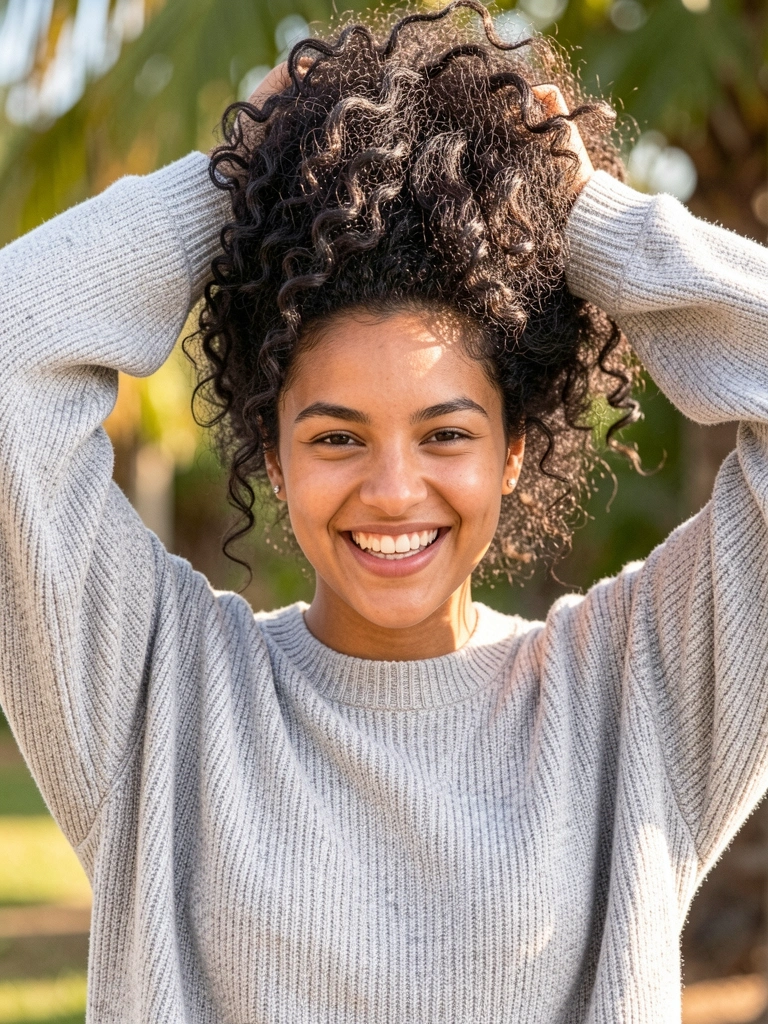 Mulher com cabelo cacheado escuro erguido com as mãos, sorriso genuíno, suéter cinza claro, luz natural suave ao fundo.