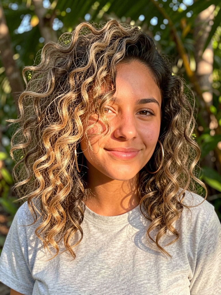 Jovem com cabelo cacheado volumoso e brincos grandes, iluminada por luz natural sob folhagens tropicais.