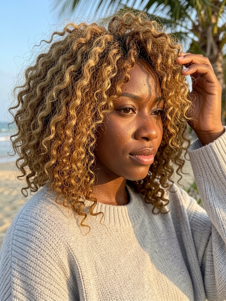 Mulher negra com cabelo cacheado castanho-dourado em corte wolf cut, tocando os fios com os dedos, suéter cinza claro, luz natural quente.