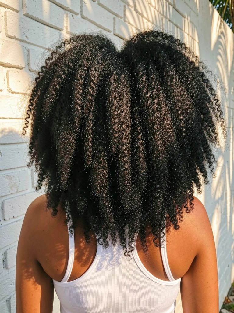 Cabelo afro em formato de coração, texturizado e volumoso, contra parede de tijolos brancos, luz natural quente.