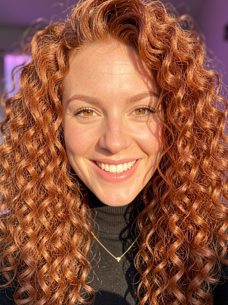 Mulher com cabelo cacheado ruivo volumoso, sorrindo, usando gola alta preta e colar dourado, luz natural destacando textura dos fios e pele.