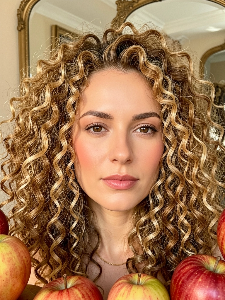 Close-up de mulher com cabelos cacheados loiros e castanhos, iluminados por luz natural, fundo desfocado com superfície espelhada.