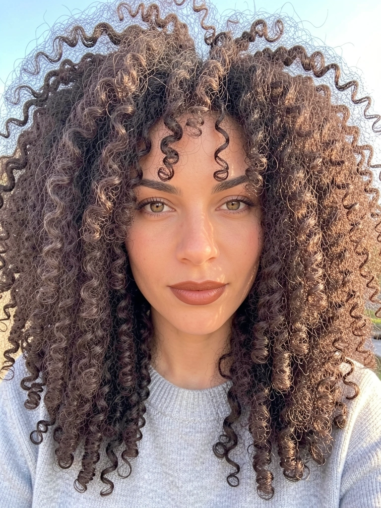 Mulher com cabelo afro volumoso e cacheado, suéter cinza claro, olhos avelã, luz natural suave e fundo levemente desfocado.