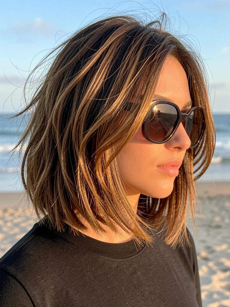 Mulher com cabelo castanho e mechas caramelizadas, corte long bob com camadas desconectadas e ondas sutis, óculos escuros grandes e blusa preta, luz natural e fundo de praia.