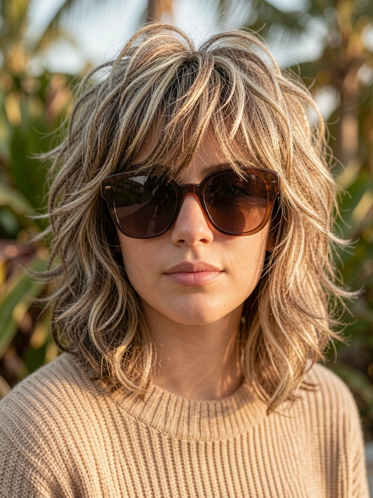 Jovem com cabelo ondulado e franja, óculos escuros e suéter de tricô, luz quente e folhagem desfocada ao fundo.