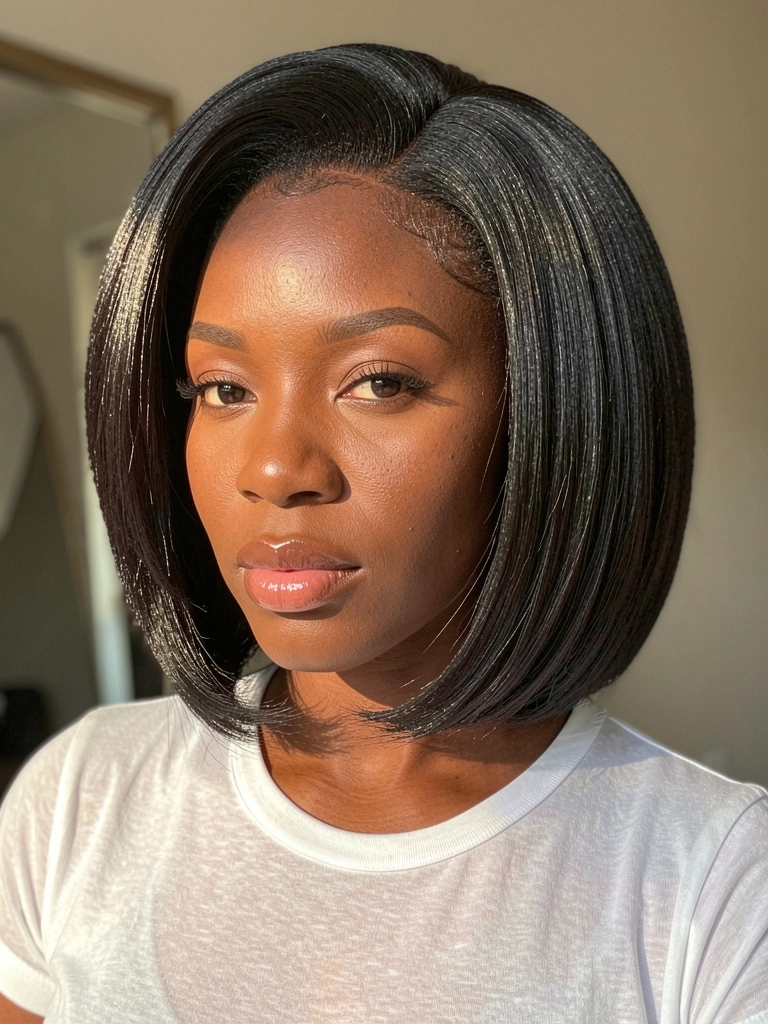 Mulher negra com cabelo black power glossado e volumoso, camiseta branca transparente, fundo neutro desfocado com espelho refletindo luz natural suave.