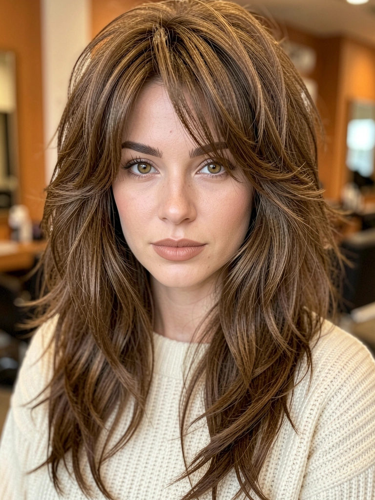 Cabelo castanho em camadas com ondas suaves, mulher de suéter creme, fundo desfocado em tons quentes.