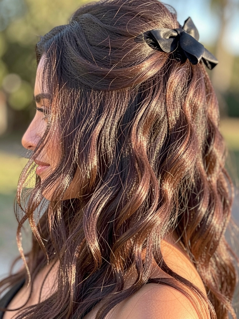 Cabelo castanho escuro ondulado preso em coque solto com laço de cetim preto, luz natural quente, fundo desfocado externo.