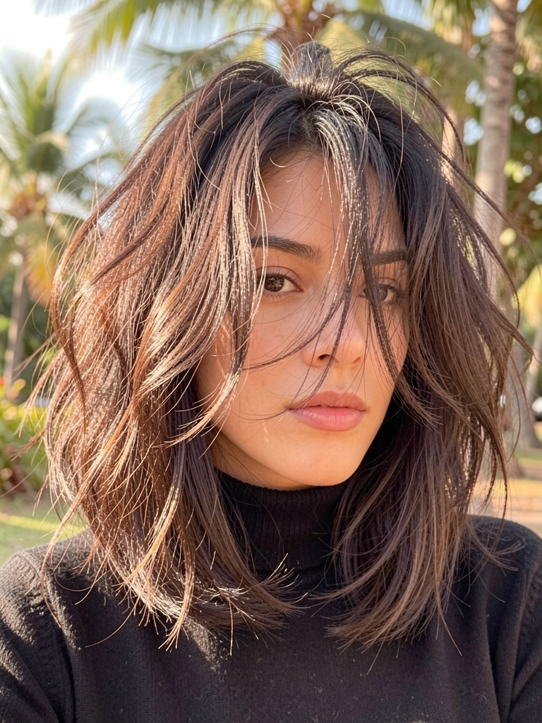 Close-up de mulher com cabelo castanho escuro ondulado e volumoso, blusa preta de gola alta, luz natural difusa e fundo desfocado com folhagens.