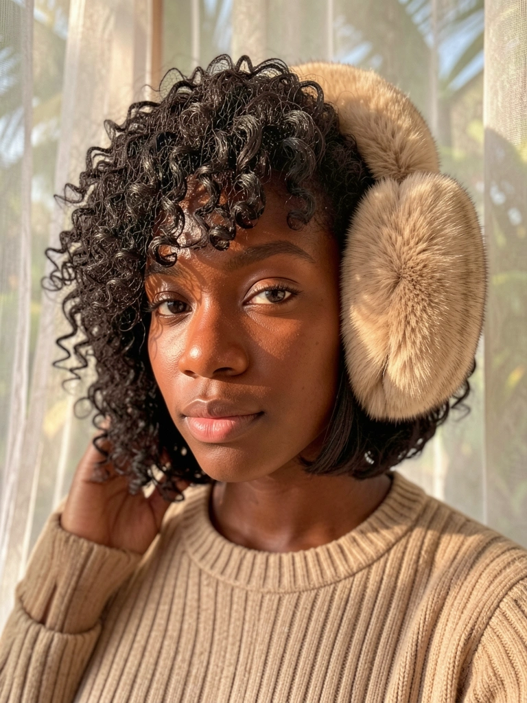 Jovem negra com cabelo cacheado curto em corte blunt, suéter tricot bege e abafador de pele felpudo, luz natural difusa e bokeh ao fundo.