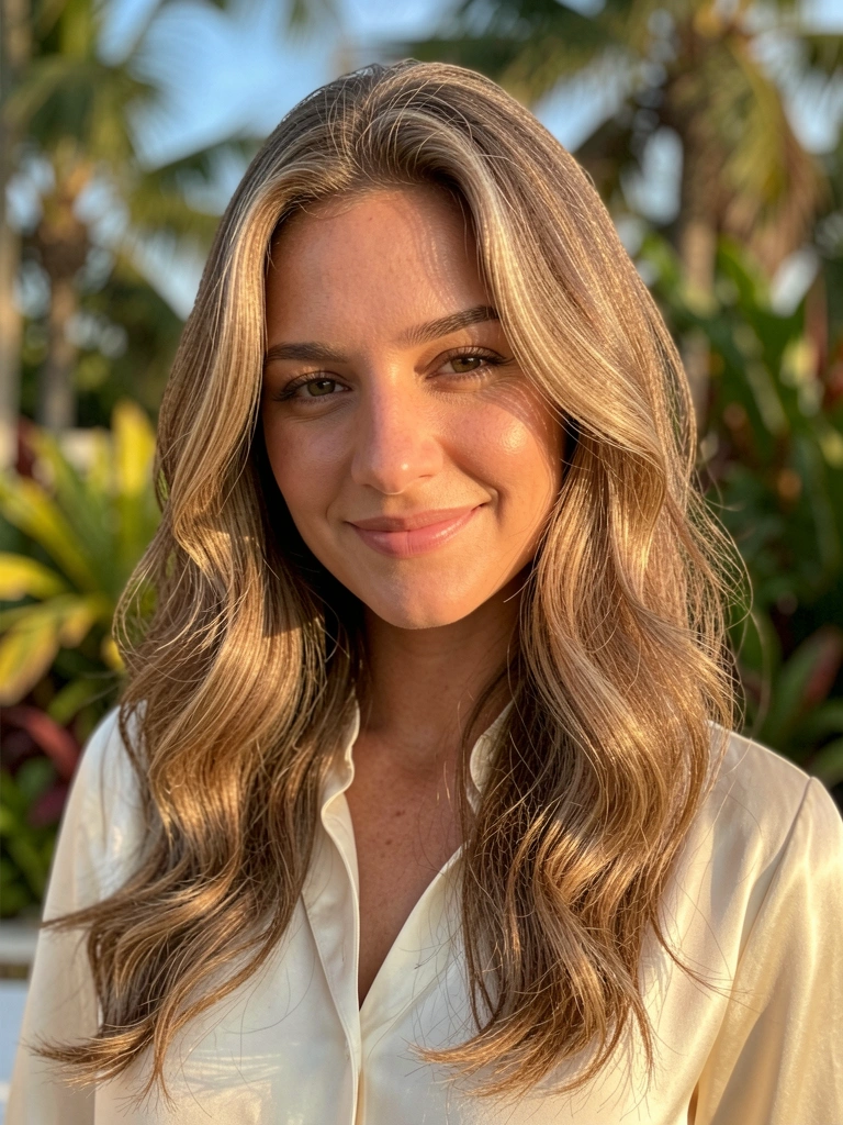 Mulher de cabelo castanho claro ondulado, sorrindo, blusa de seda creme, luz dourada do entardecer, folhagens tropicais ao fundo, retrato com profundidade de campo rasa.