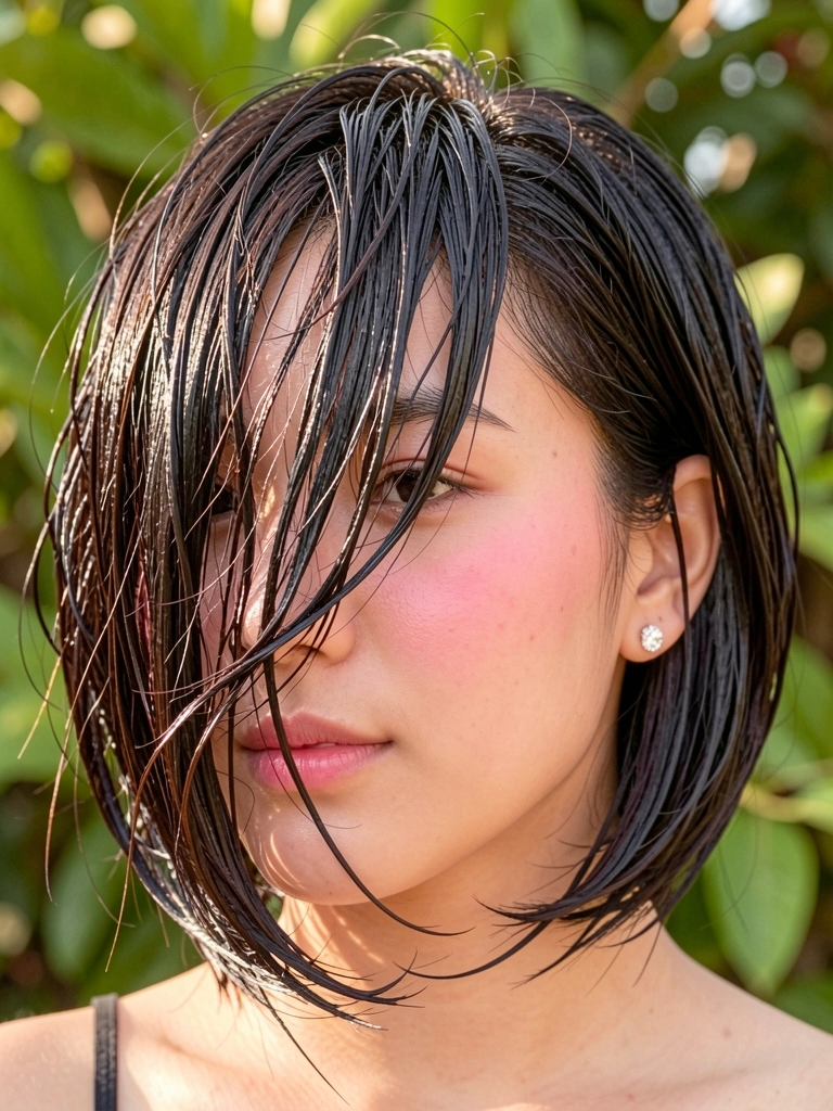 Retrato de mulher com cabelo preto curto e brilhante em corte assimétrico, franja longa, brinco de diamante, pele com blush rosado, fundo desfocado com folhagem verde.