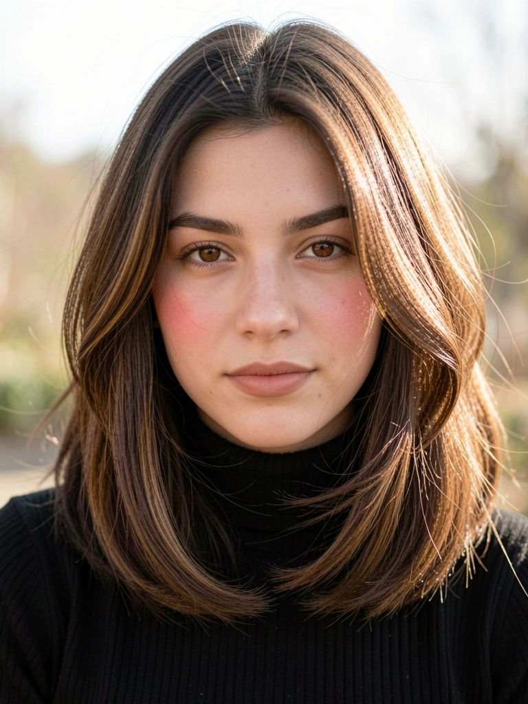 Jovem com cabelo castanho em corte long bob com ondas, suéter preto de gola alta, luz natural difusa destacando textura dos fios.
