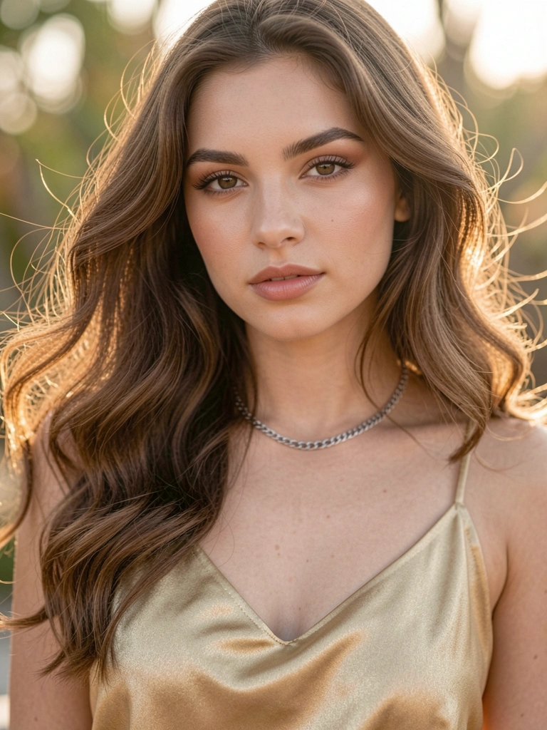 Mulher jovem de cabelo cacheado vestindo cetim dourado, luz natural realça textura do cabelo e brilho do tecido.