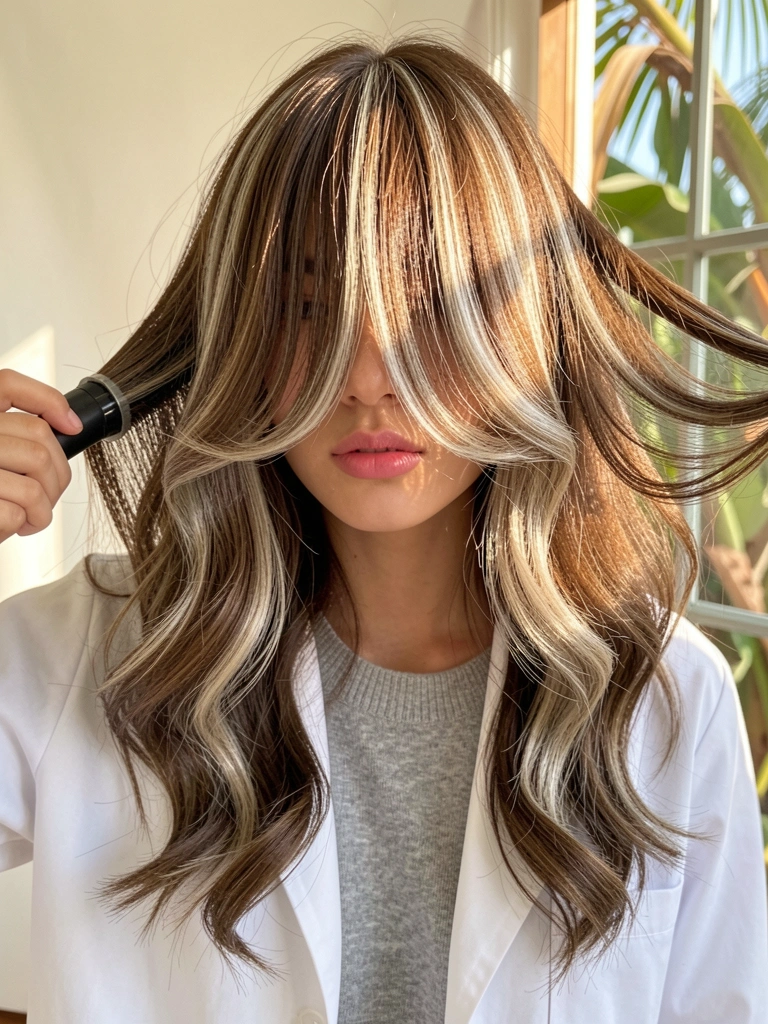 Jovem com cabelo castanho claro e mechas loiras, usando jaleco branco e escova redonda, luz natural difusa ao fundo.