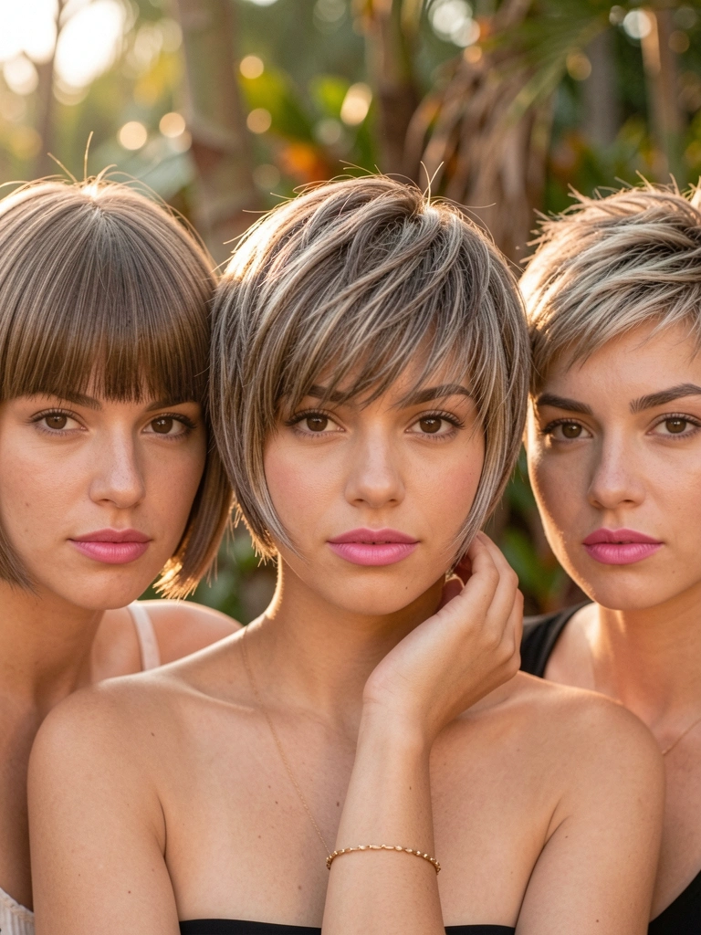 Jovem de cabelo curto com franja cortininha e batom rosa, pulseira de ouro, olhando para a câmera, ao fundo três mulheres com outros cortes curtos, luz natural e folhagens tropicais desfocadas.