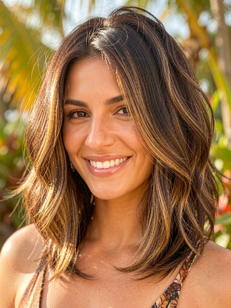 Mulher com cabelo castanho escuro em corte borboleta, mechas balayage e ondas suaves, sorrindo em fundo tropical com luz natural.