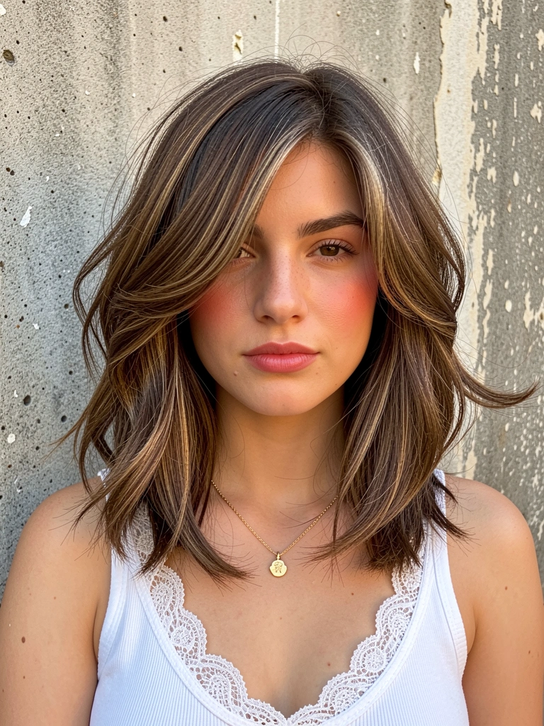 Mulher de cabelo castanho ondulado em corte repicado, blusa de renda branca e colar de ouro, parede de concreto texturizado com luz natural.
