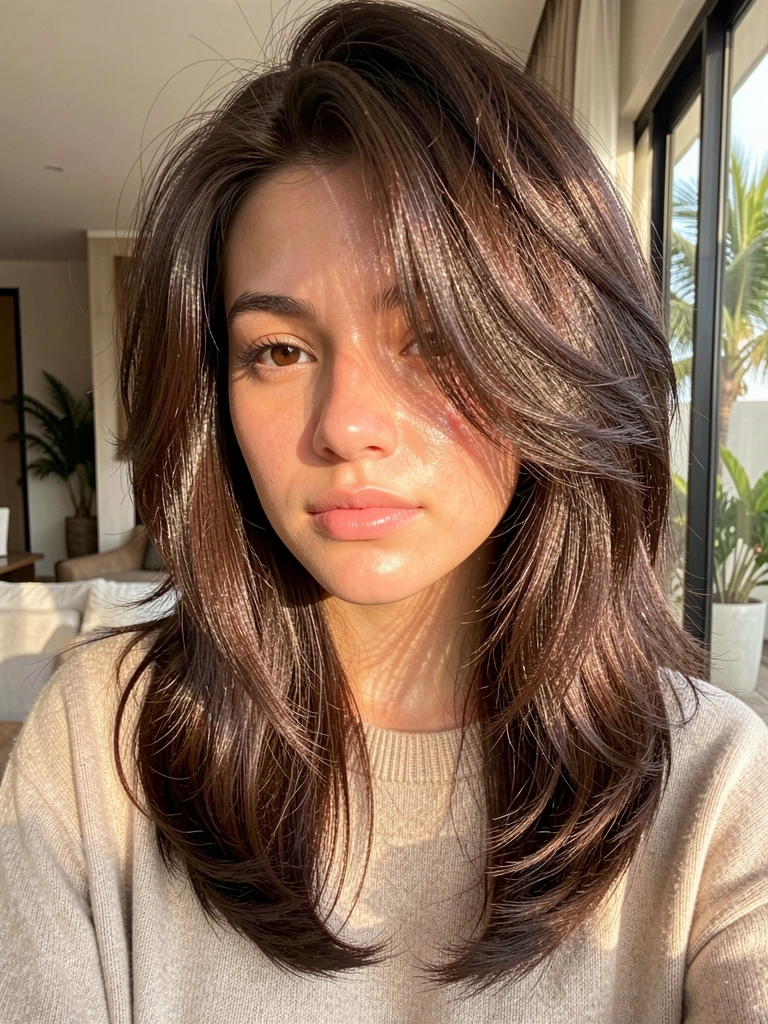 Jovem com cabelo castanho escuro em camadas assimétricas e pele com brilho natural, luz do dia filtrada por janela.