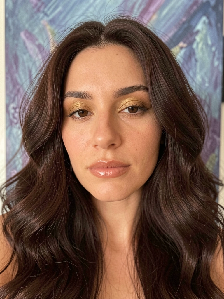 Mulher de cabelo castanho ondulado, maquiagem com sombra dourada e lábios naturais, fundo de pintura abstrata em azuis e roxos com luz difusa.