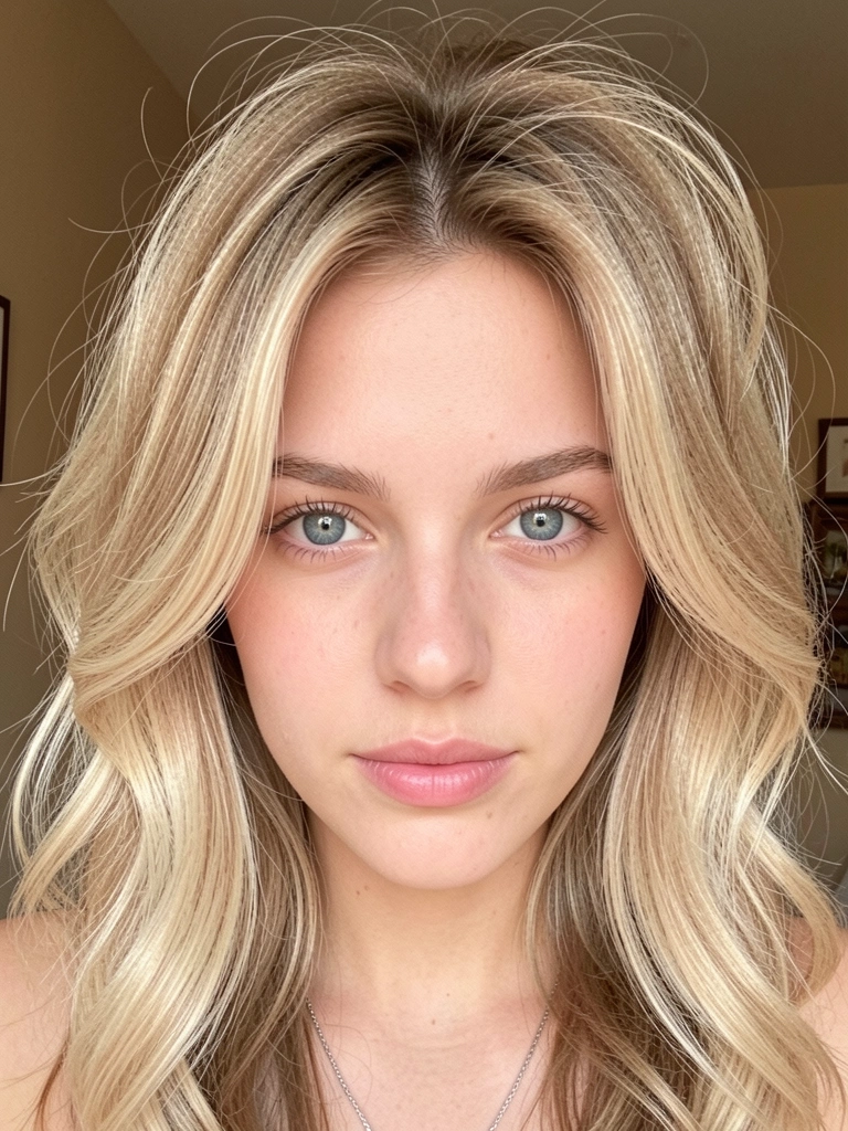 Jovem loira de cabelos ondulados em camadas com volume no topo, olhos azuis, colar de prata fino, luz natural suave, fundo neutro.