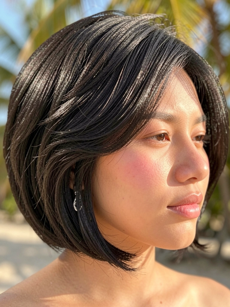 Jovem com cabelo escuro e brilhante em bob curto e arredondado, brinco de prata, luz natural suave e fundo desfocado ao ar livre.