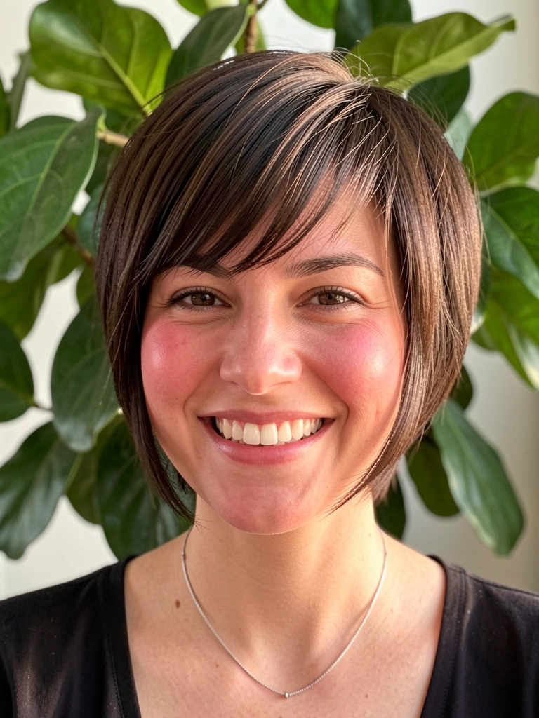 Mulher de cabelo curto estilo borboleta, sorriso genuíno, brinco prateado, planta verde ao fundo com luz natural suave.