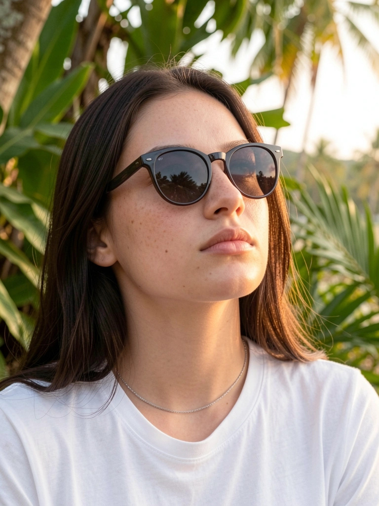 Mulher com cabelo escuro, camiseta branca e óculos escuros na cabeça, luz quente filtrada por folhagem tropical ao fundo.